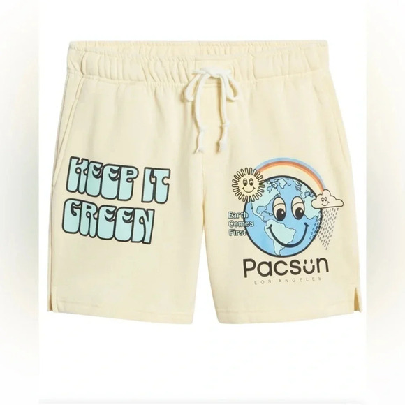 Pacsun Cream Keep it Green Graphic-Print Recycled-Cotton Blend Shorts Size L - Picture 4 of 8